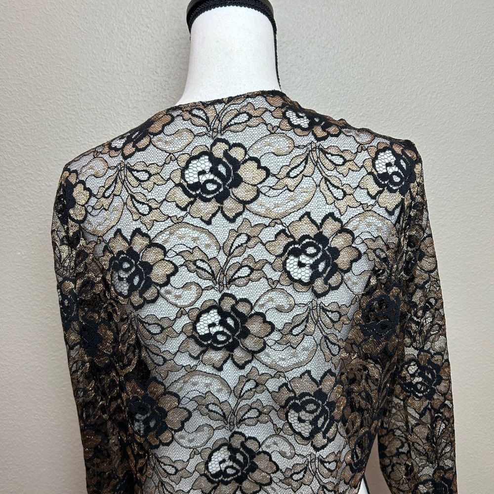 Vintage Lace Bolero Jacket Womens 14 Black Gold Metallic Floral Shrug Sheer Chic - Picture 13 of 15